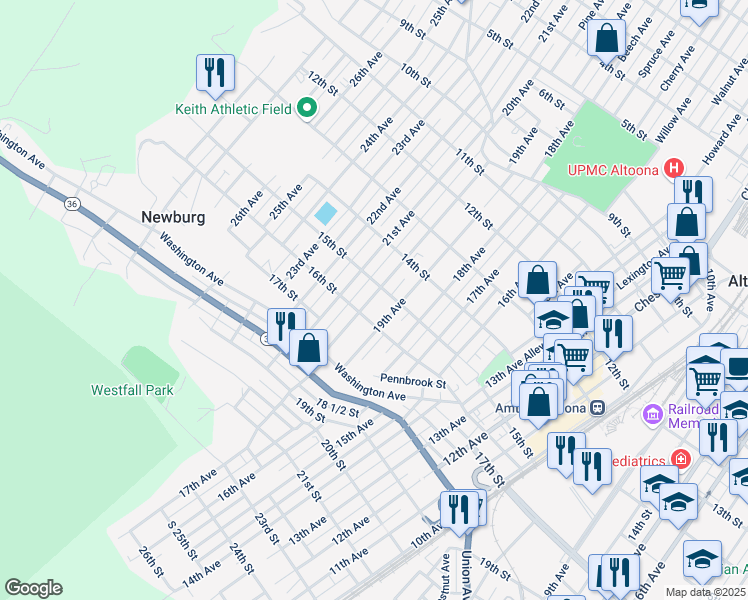 map of restaurants, bars, coffee shops, grocery stores, and more near 1511 20th Avenue in Altoona