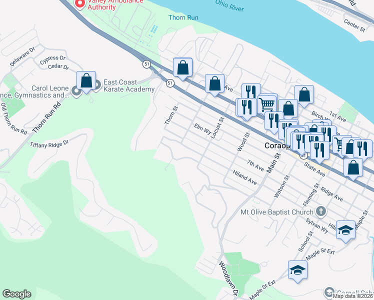 map of restaurants, bars, coffee shops, grocery stores, and more near 618 Hiland Avenue in Coraopolis