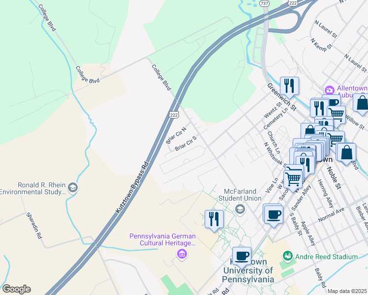 map of restaurants, bars, coffee shops, grocery stores, and more near 526 Briar Circle South in Kutztown