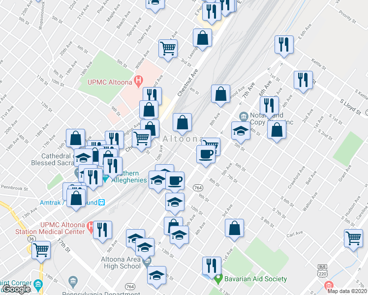 map of restaurants, bars, coffee shops, grocery stores, and more near 703-07 9th Avenue in Altoona