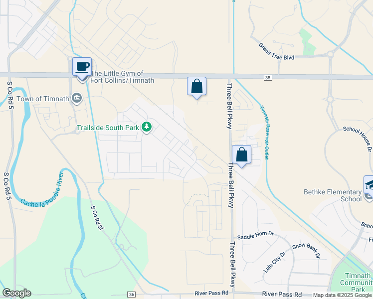 map of restaurants, bars, coffee shops, grocery stores, and more near 4908 Brule Drive in Timnath