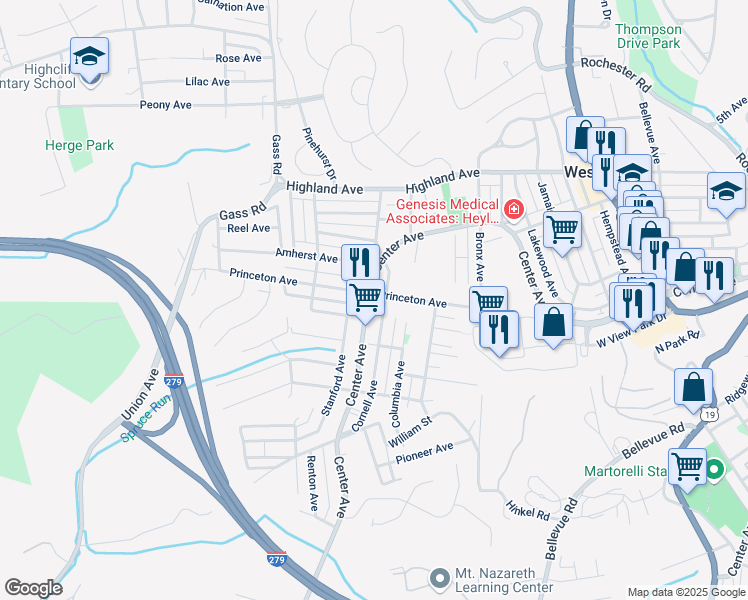 map of restaurants, bars, coffee shops, grocery stores, and more near 105 Stanford Avenue in Pittsburgh