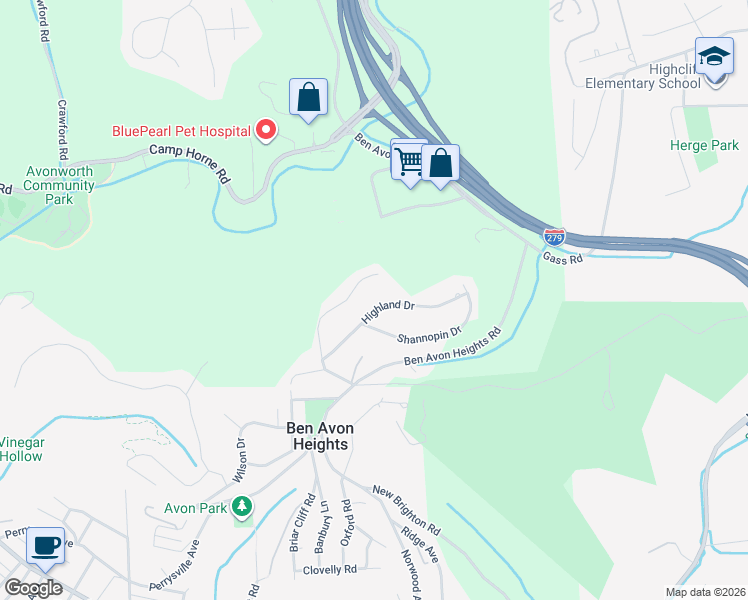 map of restaurants, bars, coffee shops, grocery stores, and more near 14 Thornridge Road in Pittsburgh