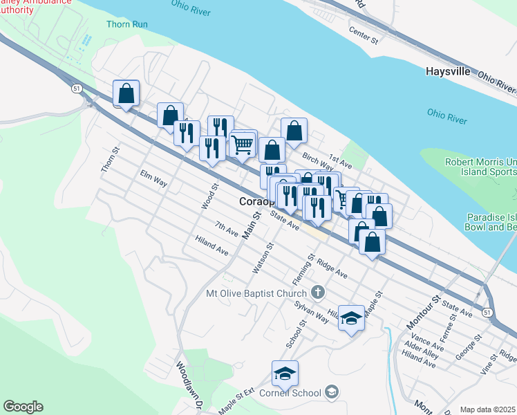 map of restaurants, bars, coffee shops, grocery stores, and more near 855 6th Avenue in Coraopolis