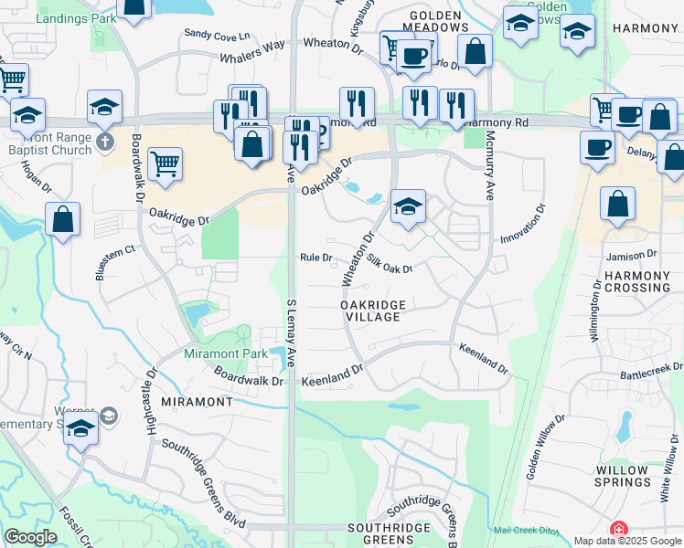 map of restaurants, bars, coffee shops, grocery stores, and more near 1243 Oak Island Court in Fort Collins