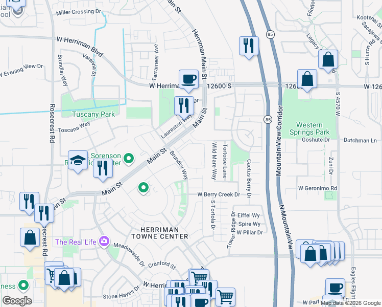 map of restaurants, bars, coffee shops, grocery stores, and more near 12883 Brundisi Way in Herriman