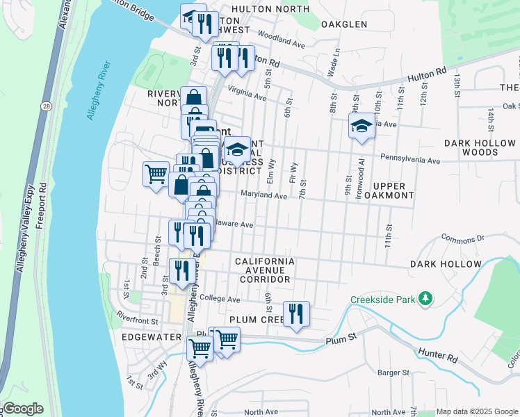 map of restaurants, bars, coffee shops, grocery stores, and more near 526 5th Street in Oakmont