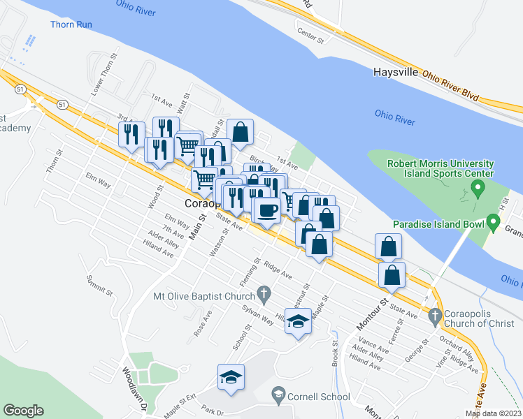 map of restaurants, bars, coffee shops, grocery stores, and more near 405 Mill Street in Coraopolis