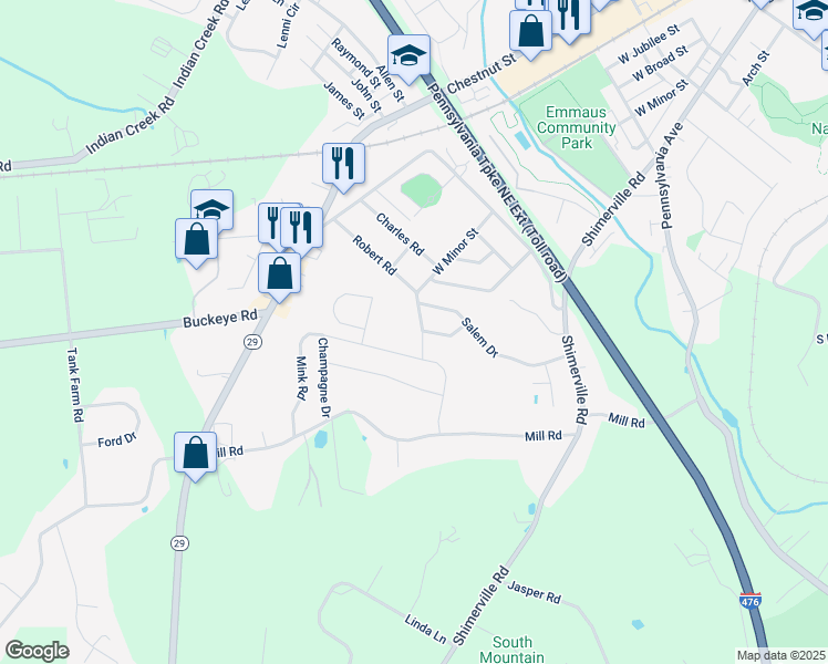 map of restaurants, bars, coffee shops, grocery stores, and more near 3951 West Minor Street in Emmaus