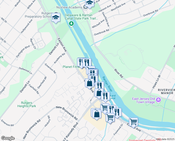 map of restaurants, bars, coffee shops, grocery stores, and more near 1135 Easton Avenue in Franklin Township