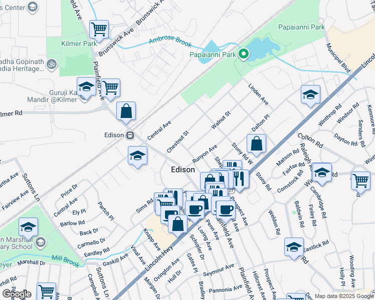 map of restaurants, bars, coffee shops, grocery stores, and more near 154 Hillcrest Avenue in Edison