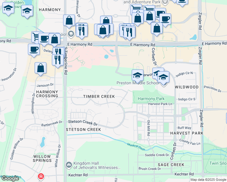 map of restaurants, bars, coffee shops, grocery stores, and more near 2421 Ridge Creek Road in Fort Collins