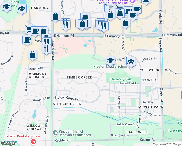 map of restaurants, bars, coffee shops, grocery stores, and more near 2445 Ridge Creek Road in Fort Collins
