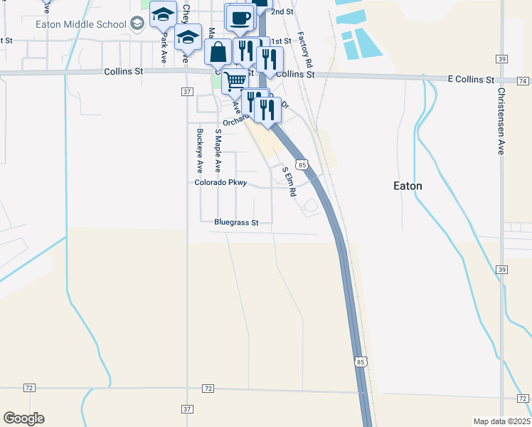 map of restaurants, bars, coffee shops, grocery stores, and more near 452 South Elm Avenue in Eaton