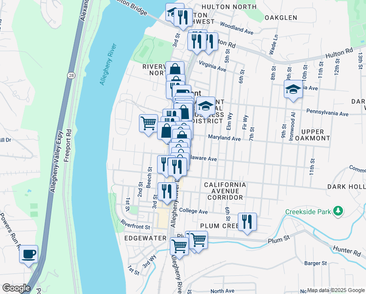 map of restaurants, bars, coffee shops, grocery stores, and more near 517 Isabella Street in Oakmont