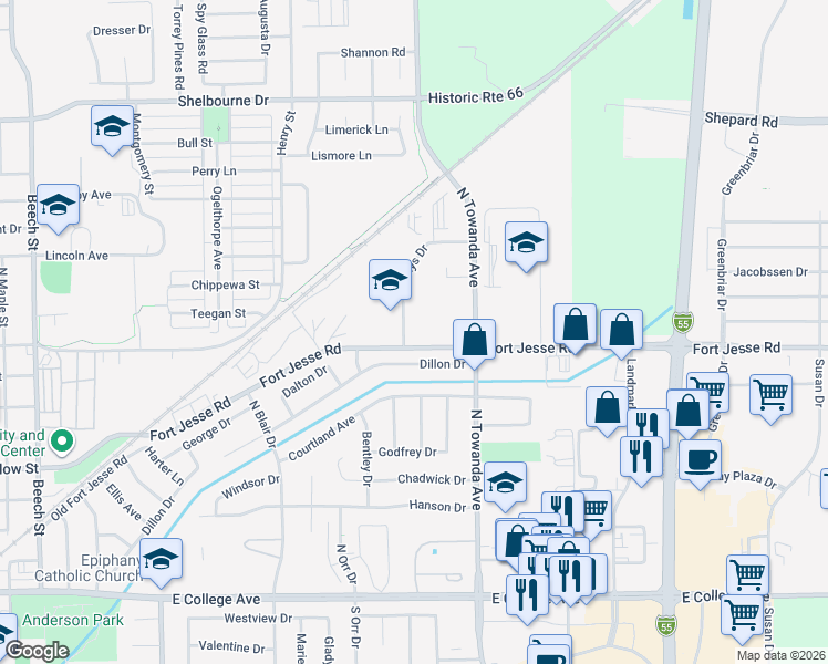 map of restaurants, bars, coffee shops, grocery stores, and more near 1420 Fort Jesse Road in Normal