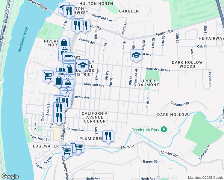 map of restaurants, bars, coffee shops, grocery stores, and more near 536 7th Street in Oakmont