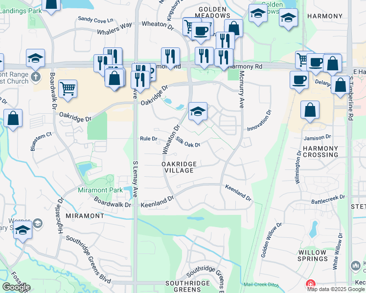 map of restaurants, bars, coffee shops, grocery stores, and more near 1325 Silk Oak Drive in Fort Collins
