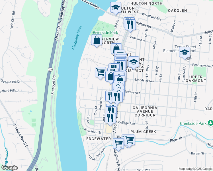 map of restaurants, bars, coffee shops, grocery stores, and more near 219 Delaware Avenue in Oakmont