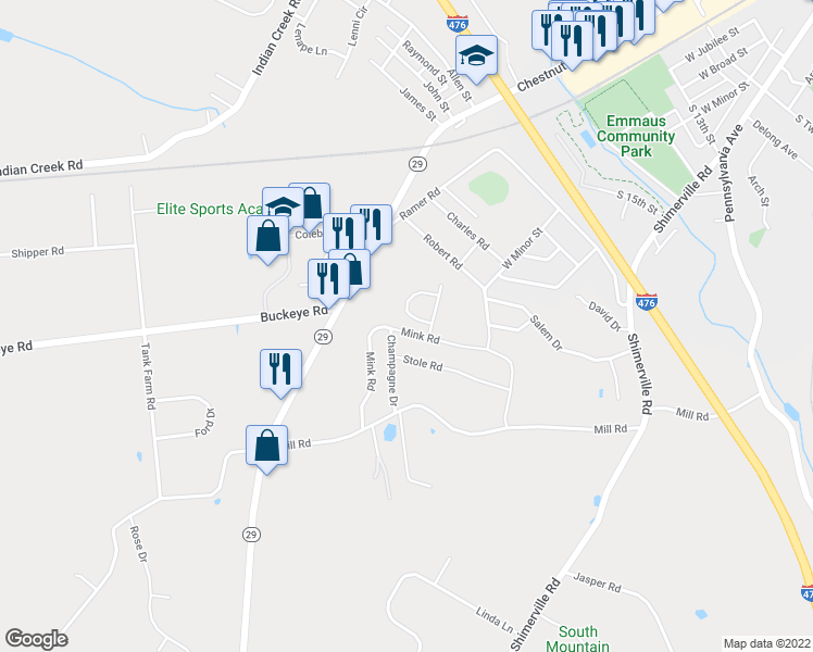 map of restaurants, bars, coffee shops, grocery stores, and more near 4020 Mink Road in Emmaus