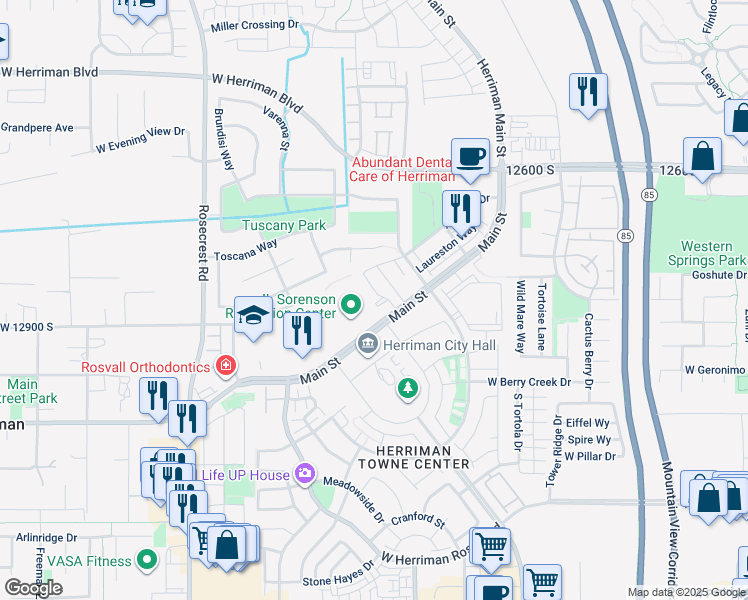 map of restaurants, bars, coffee shops, grocery stores, and more near 12842 Fairholme Circle in Herriman
