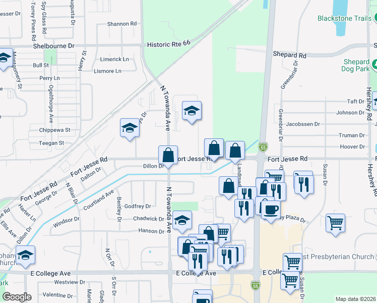 map of restaurants, bars, coffee shops, grocery stores, and more near 1508 Fort Jesse Road in Normal