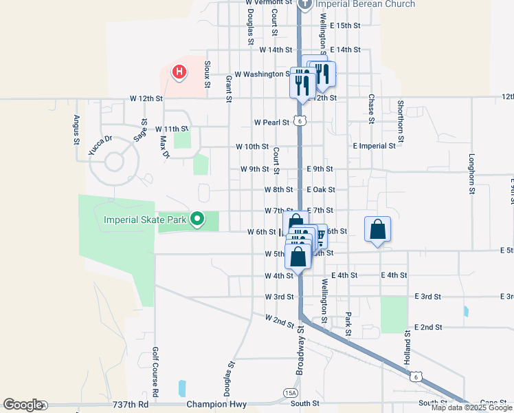 map of restaurants, bars, coffee shops, grocery stores, and more near 242 West 7th Street in Imperial