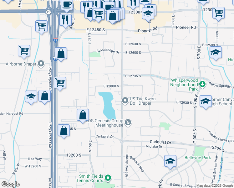 map of restaurants, bars, coffee shops, grocery stores, and more near 12838 South 300 East in Draper