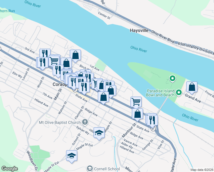 map of restaurants, bars, coffee shops, grocery stores, and more near 207 Broadway Street in Coraopolis
