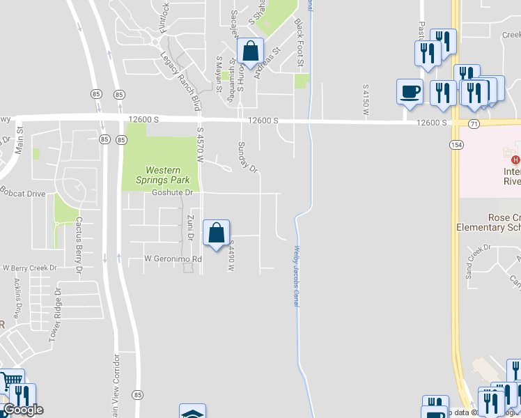 map of restaurants, bars, coffee shops, grocery stores, and more near 12847 Sunday Drive in Riverton
