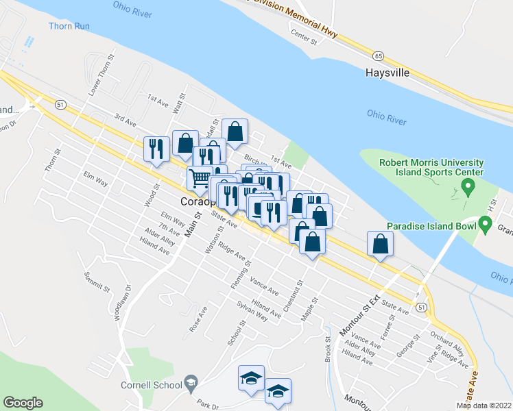 map of restaurants, bars, coffee shops, grocery stores, and more near 401 Mill Street in Coraopolis