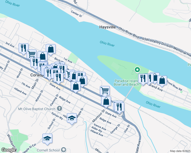 map of restaurants, bars, coffee shops, grocery stores, and more near 1305 Birch Way in Coraopolis