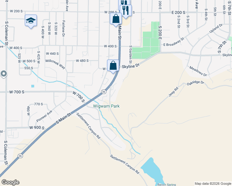map of restaurants, bars, coffee shops, grocery stores, and more near 591 Lewis Drive in Tooele
