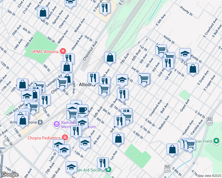 map of restaurants, bars, coffee shops, grocery stores, and more near 522 6th Avenue in Altoona