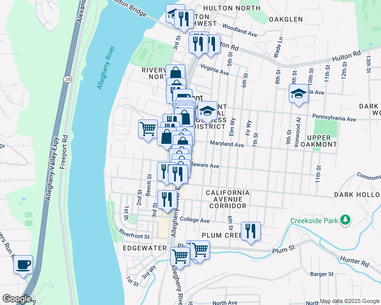 map of restaurants, bars, coffee shops, grocery stores, and more near 517 Isabella Street in Oakmont