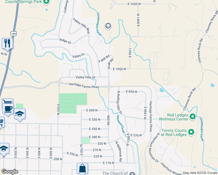 map of restaurants, bars, coffee shops, grocery stores, and more near 874 Mill Road in Heber City