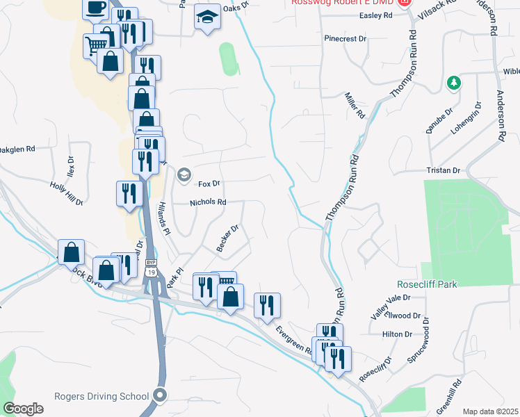map of restaurants, bars, coffee shops, grocery stores, and more near 325 Nichols Road in Pittsburgh