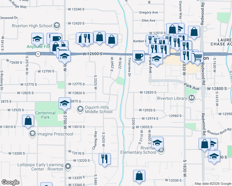 map of restaurants, bars, coffee shops, grocery stores, and more near 2328 West 12835 South in Riverton