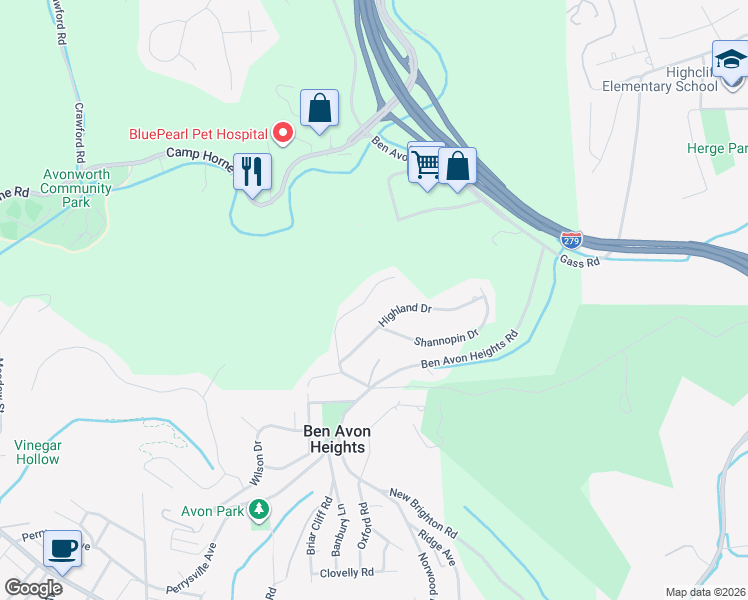 map of restaurants, bars, coffee shops, grocery stores, and more near 14 Thornridge Road in Pittsburgh