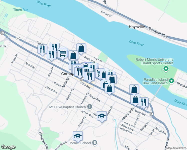 map of restaurants, bars, coffee shops, grocery stores, and more near 1010 Pennsylvania 51 in Coraopolis