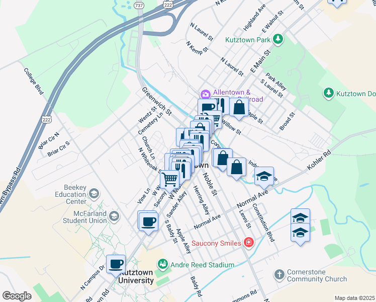 map of restaurants, bars, coffee shops, grocery stores, and more near 156 W Walnut St in Kutztown