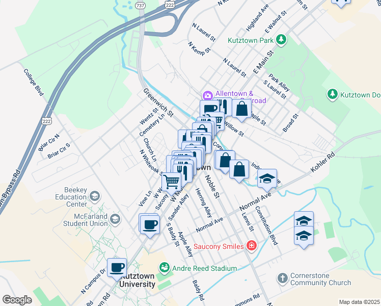 map of restaurants, bars, coffee shops, grocery stores, and more near 156 W Walnut St in Kutztown