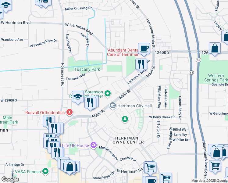 map of restaurants, bars, coffee shops, grocery stores, and more near 12838 Fairholme Circle in Herriman