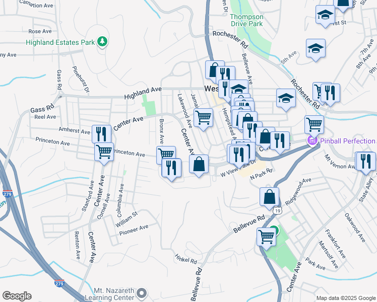 map of restaurants, bars, coffee shops, grocery stores, and more near 921 Center Avenue in West View