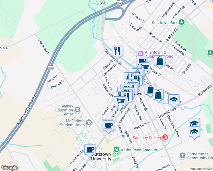 map of restaurants, bars, coffee shops, grocery stores, and more near 234 North Whiteoak Street in Kutztown