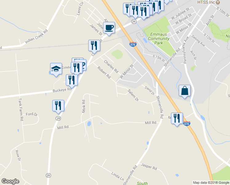 map of restaurants, bars, coffee shops, grocery stores, and more near 3941 West Minor Street in Emmaus