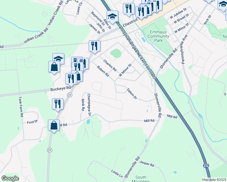 map of restaurants, bars, coffee shops, grocery stores, and more near 3941 West Minor Street in Emmaus