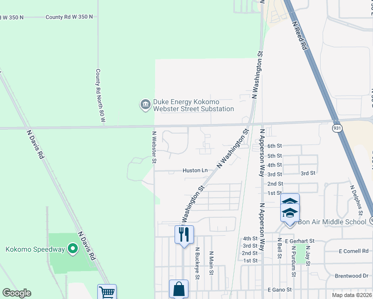 map of restaurants, bars, coffee shops, grocery stores, and more near 2898 Amberwood Place in Kokomo