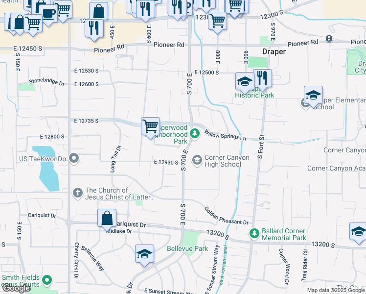 map of restaurants, bars, coffee shops, grocery stores, and more near 12863 Whisper Ridge Road in Draper