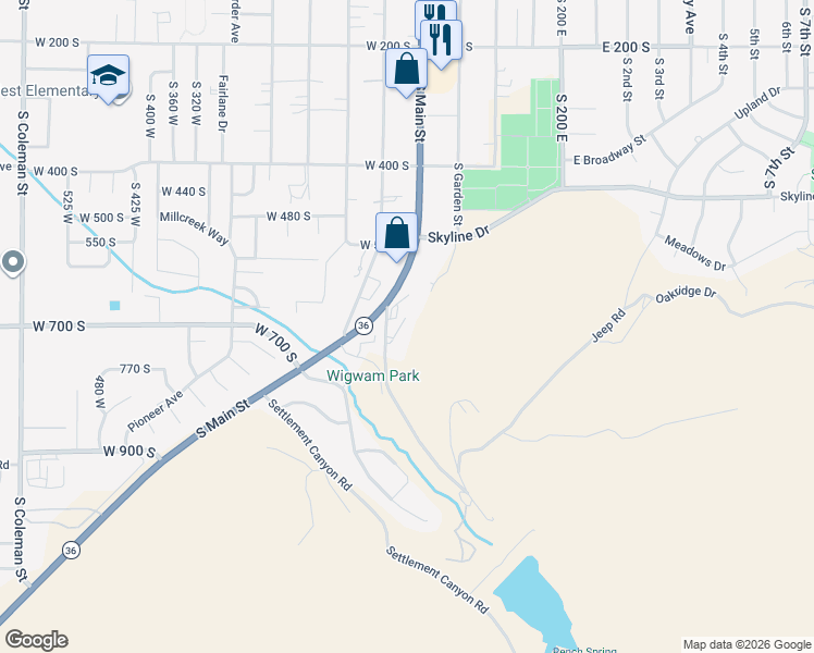 map of restaurants, bars, coffee shops, grocery stores, and more near 591 Lewis Drive in Tooele